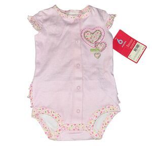 GIRLS 6 Months 1-Piece‎ Bodysuit / Romper Pink Gingham-Flower Trim & Ruffle NWT
